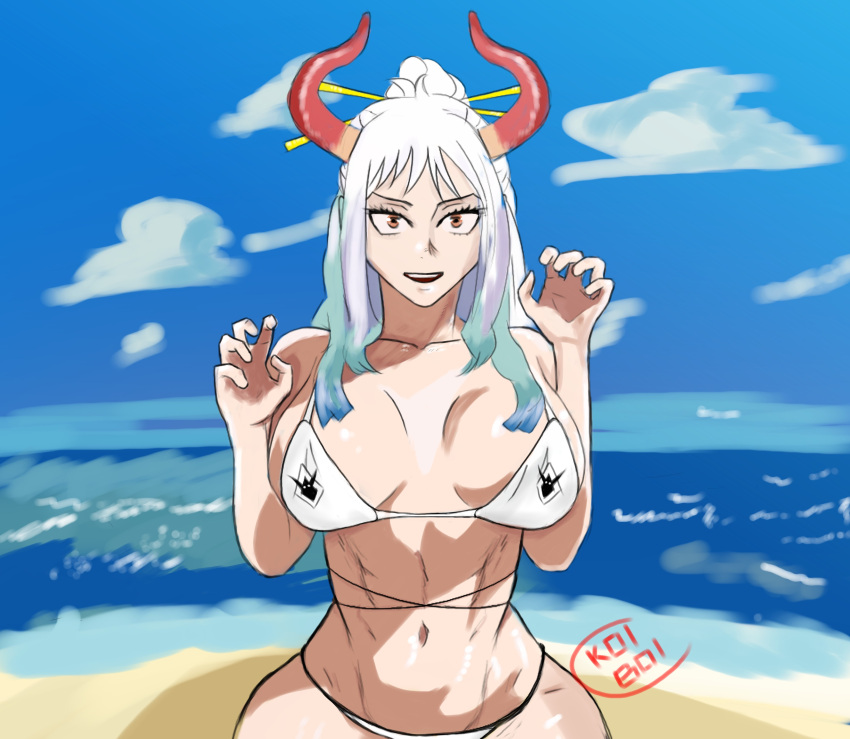 abs beach bikini breasts female female_only horns kiryukazumalol koiboi looking_at_viewer one_piece seaside yamato_(one_piece)