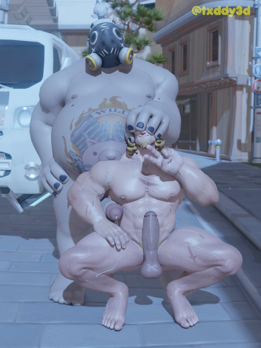 2boys 3d 3d_(artwork) after_sex bara gay hand_on_head humiliation mako_rutledge male_focus male_only mask muscle nude outdoors overwatch overwatch_2 presenting reinhardt reinhardt_wilhelm roadhog txddy3d