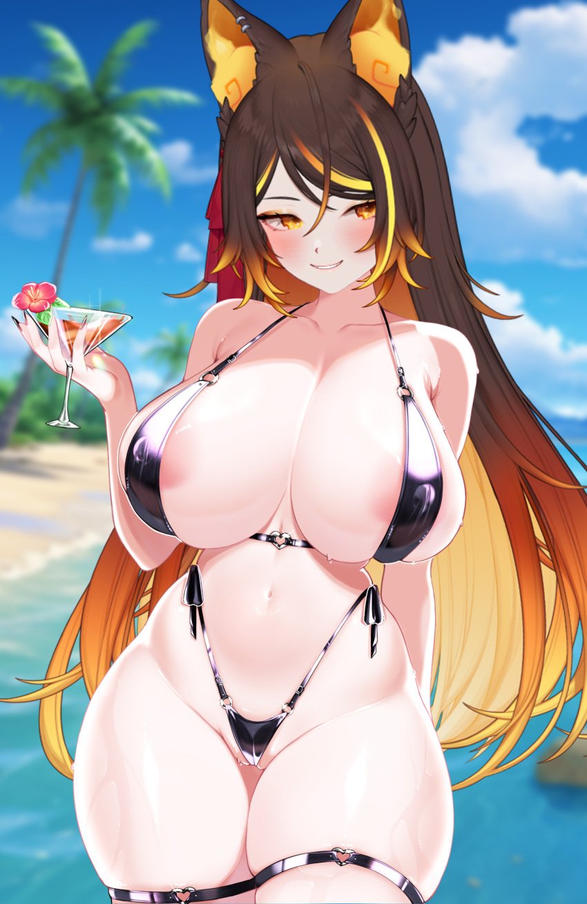 alcohol animal_ears areolae beach bikini breasts brown_hair cameltoe drink forestfox66 high-waisted_thong holding_drink huge_breasts indie_virtual_youtuber micro_bikini nipples nipples_visible_through_clothing official_edit orange_eyes orange_hair outdoors sinder_(vtuber) smile smug swimsuit thick_thighs thigh_strap thighs thong two-tone_hair very_long_hair virtual_youtuber wide_hips wolf_ears