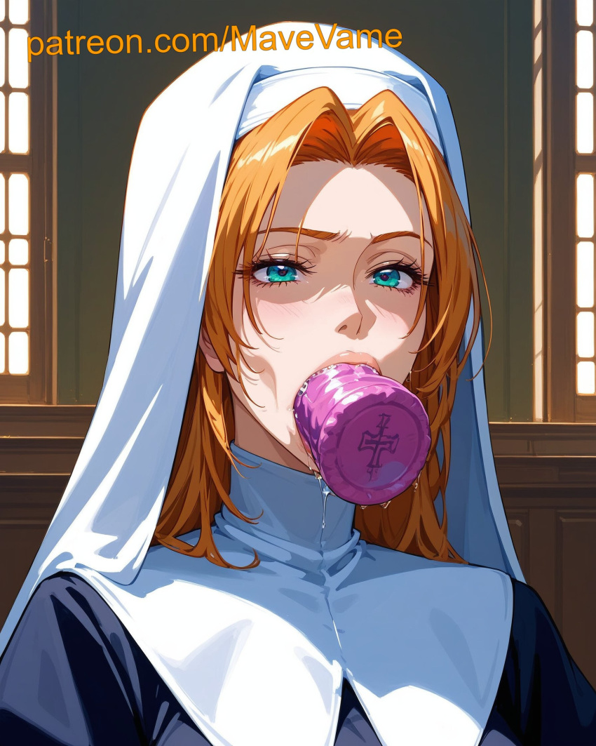 ai_generated bleach dildo dildo_blowjob dildo_in_mouth matsumoto_rangiku nun orange_hair toy