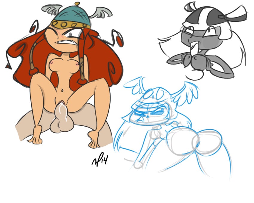 ass axe barbara_(rayman) barbarian battle_axe beige_skin breasts color cum dubious_consent erection female ginger_hair headgear helmet human male nude penis pussy rayman_(series) rayman_legends red_hair sex small_breasts vagina vaginal_penetration weapon