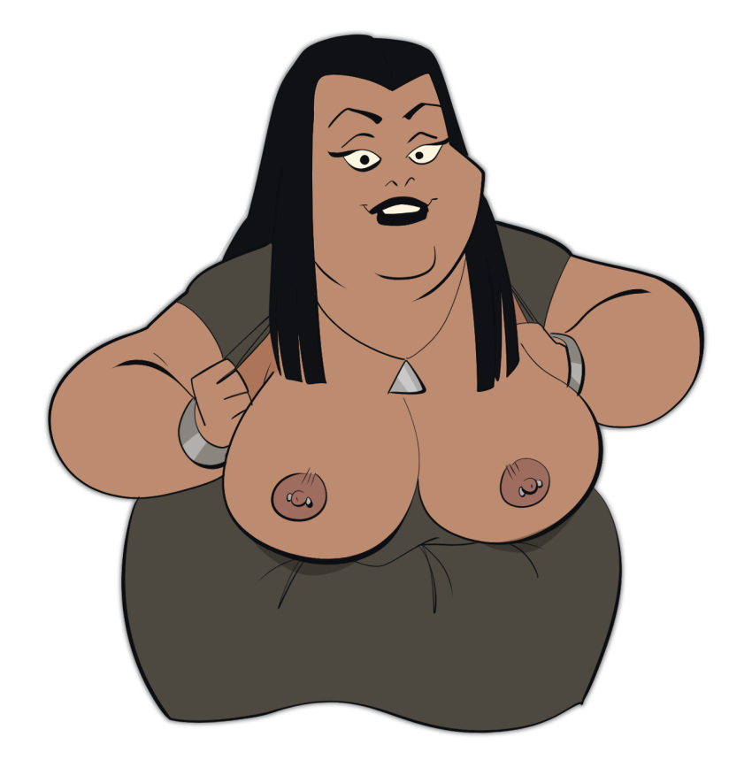 1girls bbw big_breasts black_hair black_lipstick breasts canon_bbw chubby dark-skinned_female dark_skin dc dc_comics dcau fat female first_porn_of_character flashing jodero necklace nipple_piercing nipples overweight overweight_female rainsong solo superman:_the_animated_series