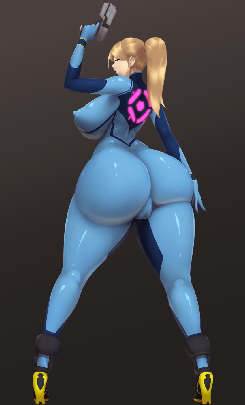 1girls ass bimbo blonde_hair blue_bodysuit blue_eyes blush bodysuit breasts brown_hair closed_mouth dat_ass female holding_gun holding_object huge_ass large_ass large_breasts long_hair looking_at_viewer looking_back metroid nintendo sadflowerhappy samus_aran sideboob skin_tight solo tagme thick_thighs tight_clothing zero_suit