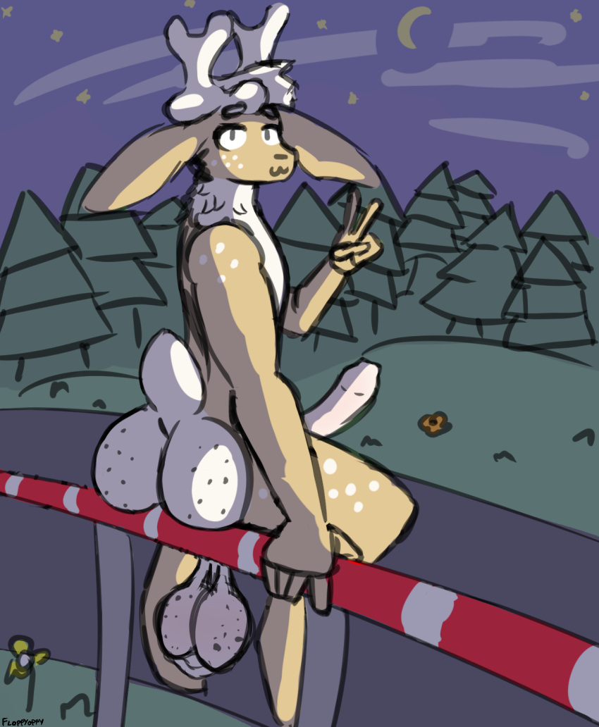 anthro ball_flap big_balls big_butt big_penis blushing_balls casual_nudity deer durnan_(floppyoppy) erection floppyoppy foreskin forest freckles low_hanging_balls night nude peace_sign posing road saggy_balls stars