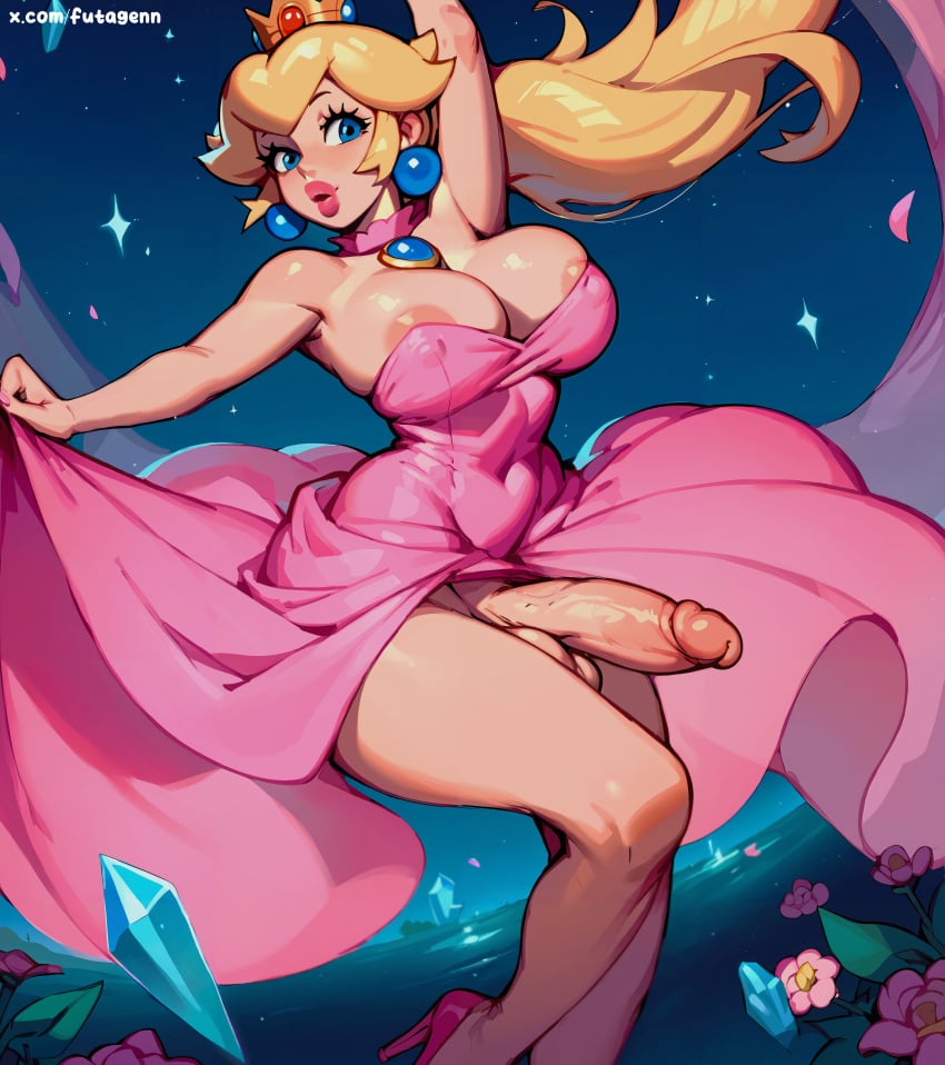 1futa ai_generated armpits balls blonde_hair cock dancing dickgirl dress futa_only futa_sans_pussy futagenn futanari high_heels mario_(series) night nipples nipples_visible_through_clothing penis princess_peach super_mario_bros.