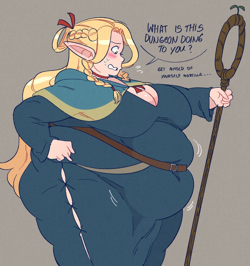 beesoba big_belly big_breasts blonde_hair blush clothing_damage dungeon_meshi fat female marcille_donato