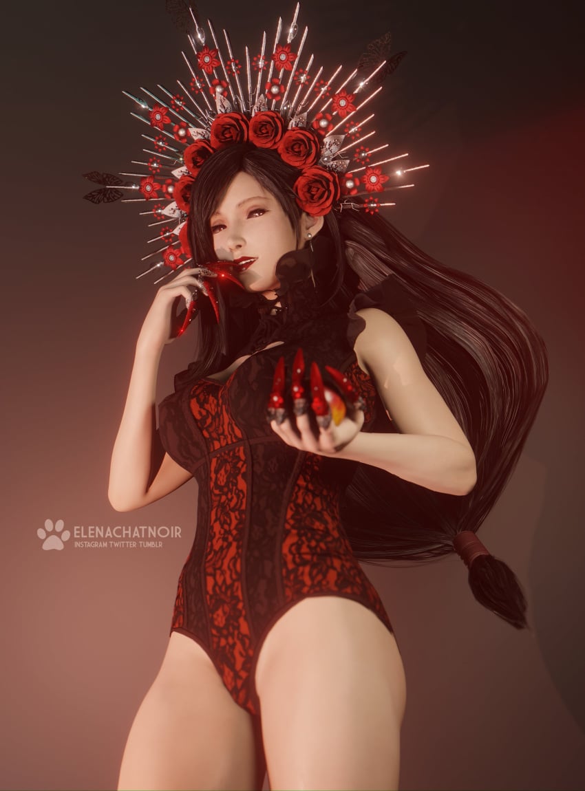 3d 3d_(artwork) artist_name black_hair claws crown earrings elenachatnoir final_fantasy final_fantasy_vii final_fantasy_vii_remake fit_female headgear highres hourglass_figure instagram_username jewelry leotard lingerie long_hair long_nails looking_at_viewer red_eyes red_lips red_lipstick rose roses simple_background tifa_lockhart toned tumblr_username twitter_username