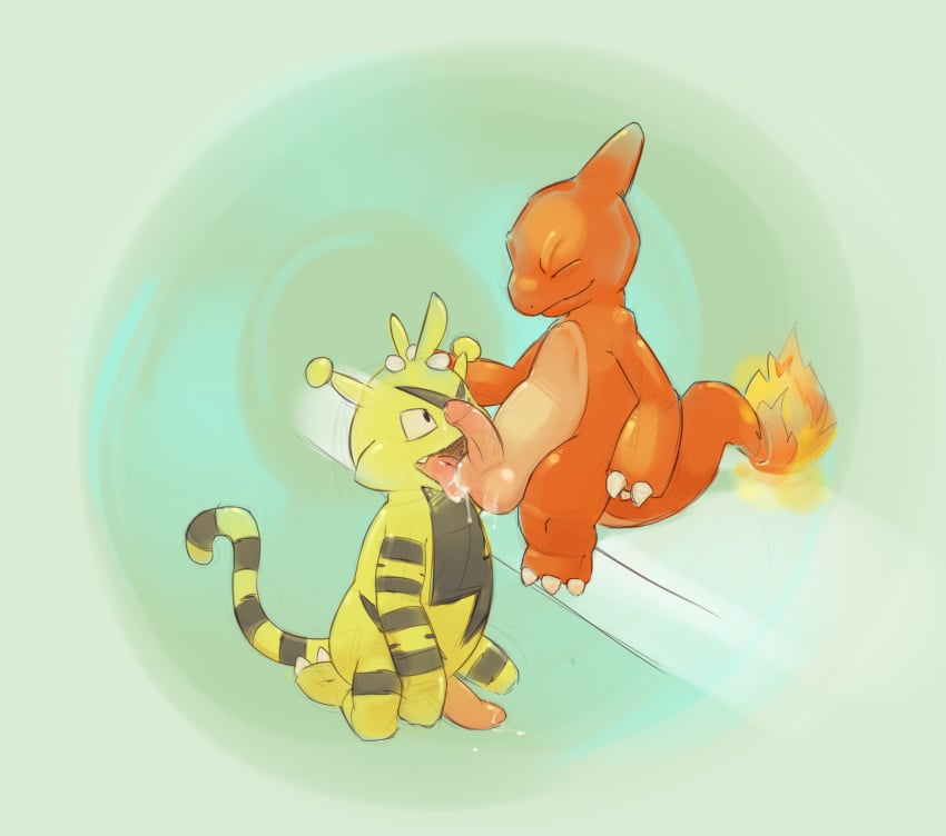 2015 anthro argon_vile ball_licking balls charmeleon closed_eyes duo electabuzz green_background head_grab kneeling licking male nintendo oral penis plain_background pokemon precum red_skin sitting tongue tongue_out video_games yaoi yellow_skin