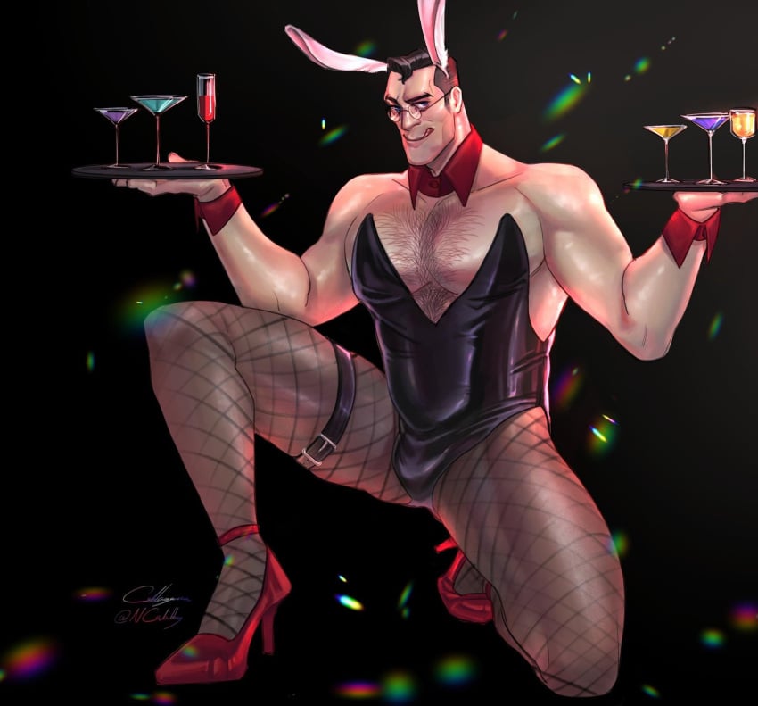 2021 bara bara_tiddies bara_tits barazoku bartender bunny_costume bunny_ears crossdressing dilf egabbacc feminization fishnet_legwear fishnets himbo latex_suit male male_focus male_only medic medic_(team_fortress_2) no_visible_genitalia pinup playboy_bunny playboy_bunny_costume playboy_bunny_leotard safe_for_work sfw solo_focus solo_male suggestive team_fortress_2