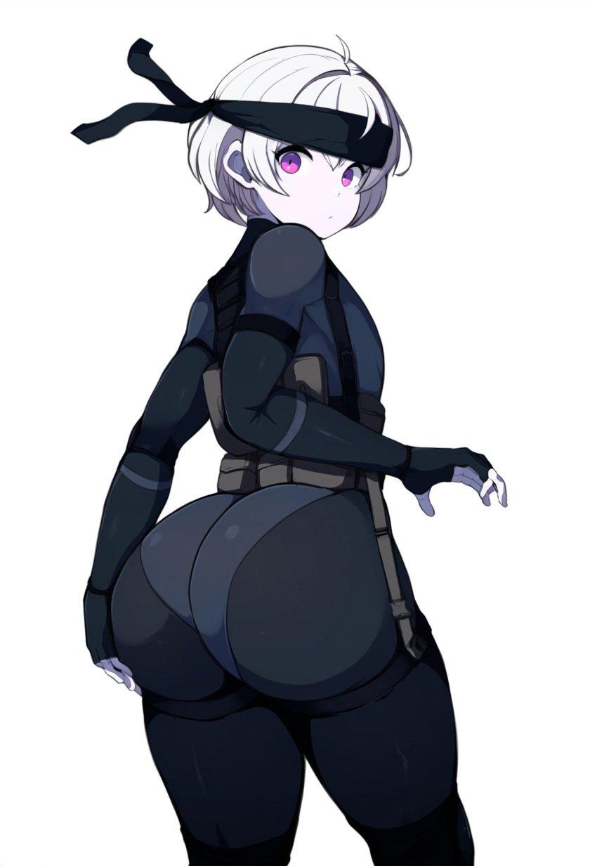 ai_generated ass_focus combat_gear cosplay femboy gigantic_ass hand_on_butt headband huge_ass jonnyjonn novelai oc original_character pale_skin purple_eyes solid_snake_(cosplay) thanatos_(jonnyjonn) thick_thighs white_hair