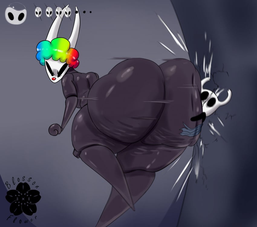 2024 2_horns anthro arthropod artist_name ass big_butt black_body black_butt black_eyes black_hands black_legs black_skin black_text blossonflower butt_crush cellulite cloak clothing clown_nose cracked cracked_wall cracks crush digital_media_(artwork) duo english_text featureless_feet featureless_hands feet female hi_res highlights_(coloring) hollow_knight hollow_knight:_silksong horn hornet_(hollow_knight) huge_butt mask nonbinary_(lore) nude red_cloak red_clothing sibling_(lore) simple_background slapstick standing team_cherry text the_knight_(hollow_knight) thick_thighs vessel_(species)