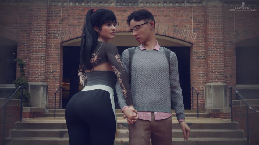 1boy 1girls 2023 3d arm_tattoo back_tattoo black_hair bloush clothed clothing female holding_hands luminart nerdy_male outdoor outdoors outside ponytail public standing tagme tattoo tattoos