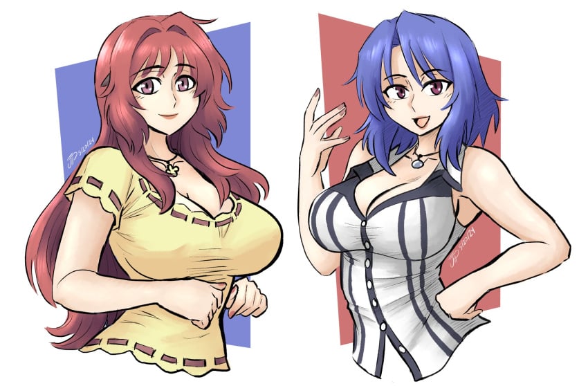 2girls aniyome_wa_ijippari big_breasts bisexual bisexual_(female) bisexual_female blue_hair breasts busty cleavage clothed collarbone curvaceous curves curvy curvy_body curvy_female curvy_females curvy_figure duo duo_female duo_focus facing_viewer female female_focus female_only females females_only inner_sideboob katsuragi_mai large_breasts long_hair looking_at_viewer milf open_mouth purple_eyes red_hair shiny_hair short_hair sideboob smile smiling smiling_at_viewer takama_kozue very_long_hair videajames voluptuous voluptuous_female