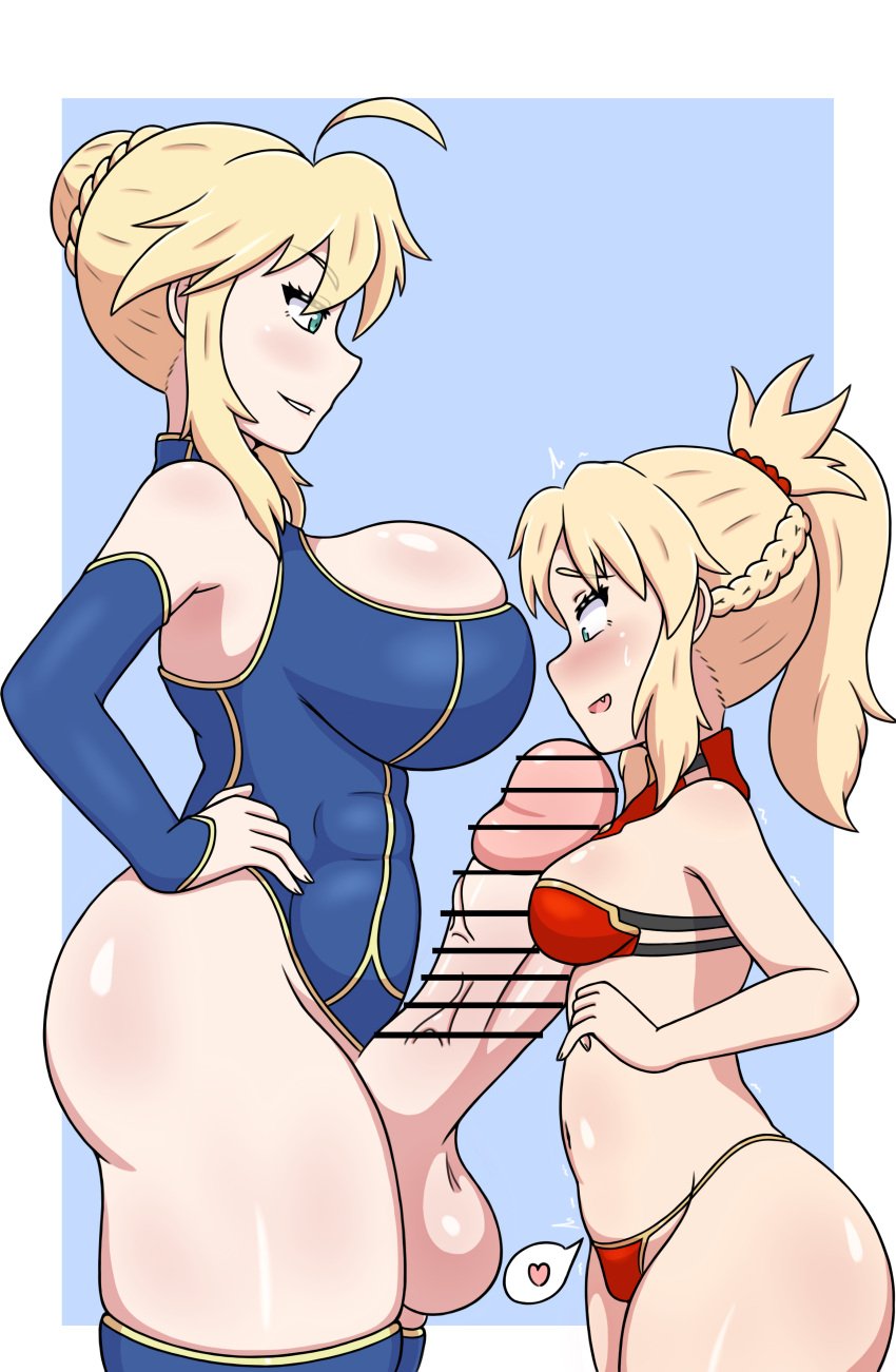 1futa 1girls ahoge artoria_pendragon artoria_pendragon_(lancer) asakura balls big_penis big_thighs blonde blonde_hair bottomless breasts censored censored_penis clothed clothing duo erection fate/grand_order fate_(series) female futa_on_female futanari heart huge_cock human light-skinned_female light-skinned_futanari light_skin mature_female milf mordred_(fate) mostly_nude mother_and_daughter partially_clothed penis standing surprised surprised_expression twitch_lines younger_female