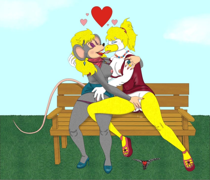 2014 2d 2d_(artwork) 2girls anthro avian bench bird bird_girl blonde_hair bodily_fluids breasts buckteeth chicken chicken_girl chuck_e_cheese_(franchise) clothing_aside dc_(artist) digital_art digital_media_(artwork) dress female fingering fingering_partner fingering_pussy furry galliform gallus_(genus) helen_henny interspecies lesbian lesbian_sex making_out mitzi_mozzarella mouse mouse_girl murid necklace panties_aside panties_down phasianid public public_nudity public_sex red_dress rodent shirt_lift showbiz_pizza_place skirt_lift the_rock-afire_explosion yuri