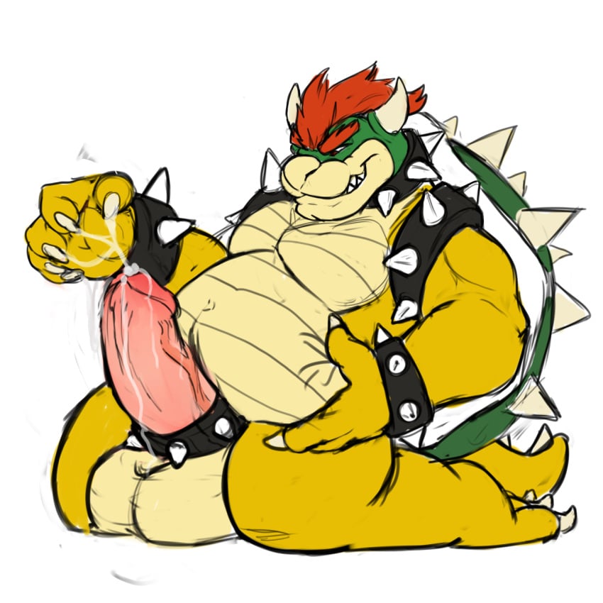 1boy 2015 after_masturbation anthro balls bara big_balls big_belly bowser cock_ring cum cum_drip cum_on_hand cum_on_penis dripping erection full_body glans grin horn koopa looking_at_penis male male_only manlyshark mario_(series) mostly_nude nintendo penis plain_background scalie simple_background solo vein veiny_penis white_background