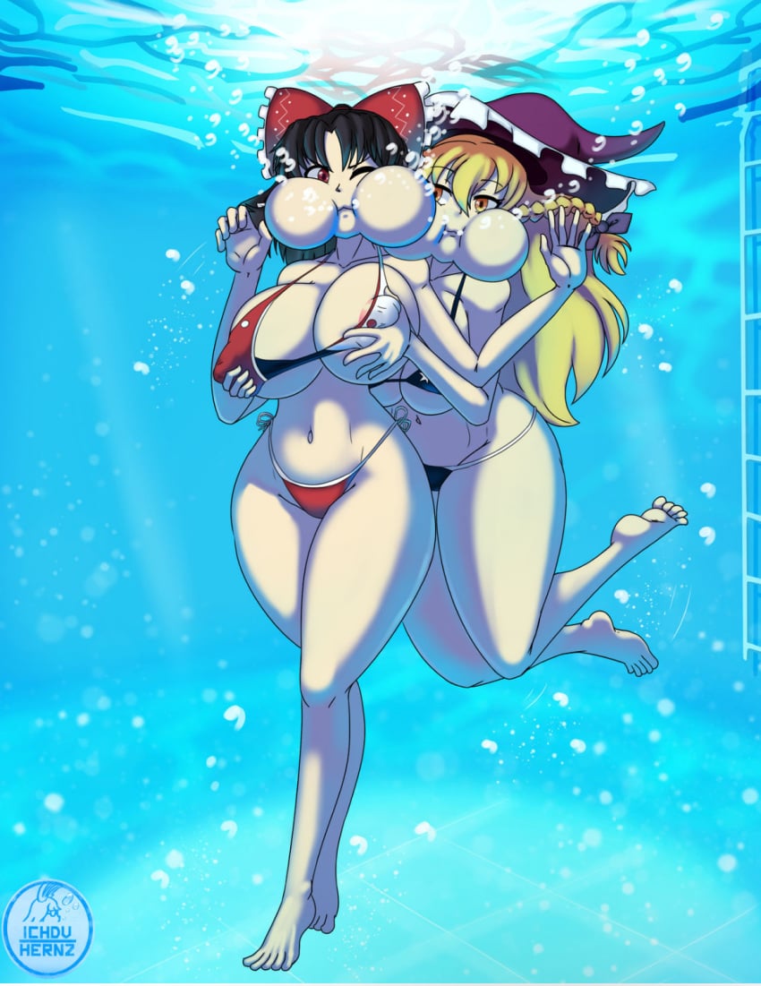 big_breasts bikini breast_grab holding_breath ichduhernz marisa_kirisame puffy_cheeks reimu_hakurei tagme touhou underwater