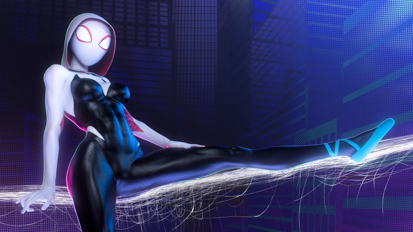 1girls abs ballerina_shoes city city_background cityscape guiltyk gwen_stacy latex latex_clothing latex_suit marvel mask masked masked_female solo_female spider-gwen spider-man_(series) superhero superhero_costume superheroine tagme web webs