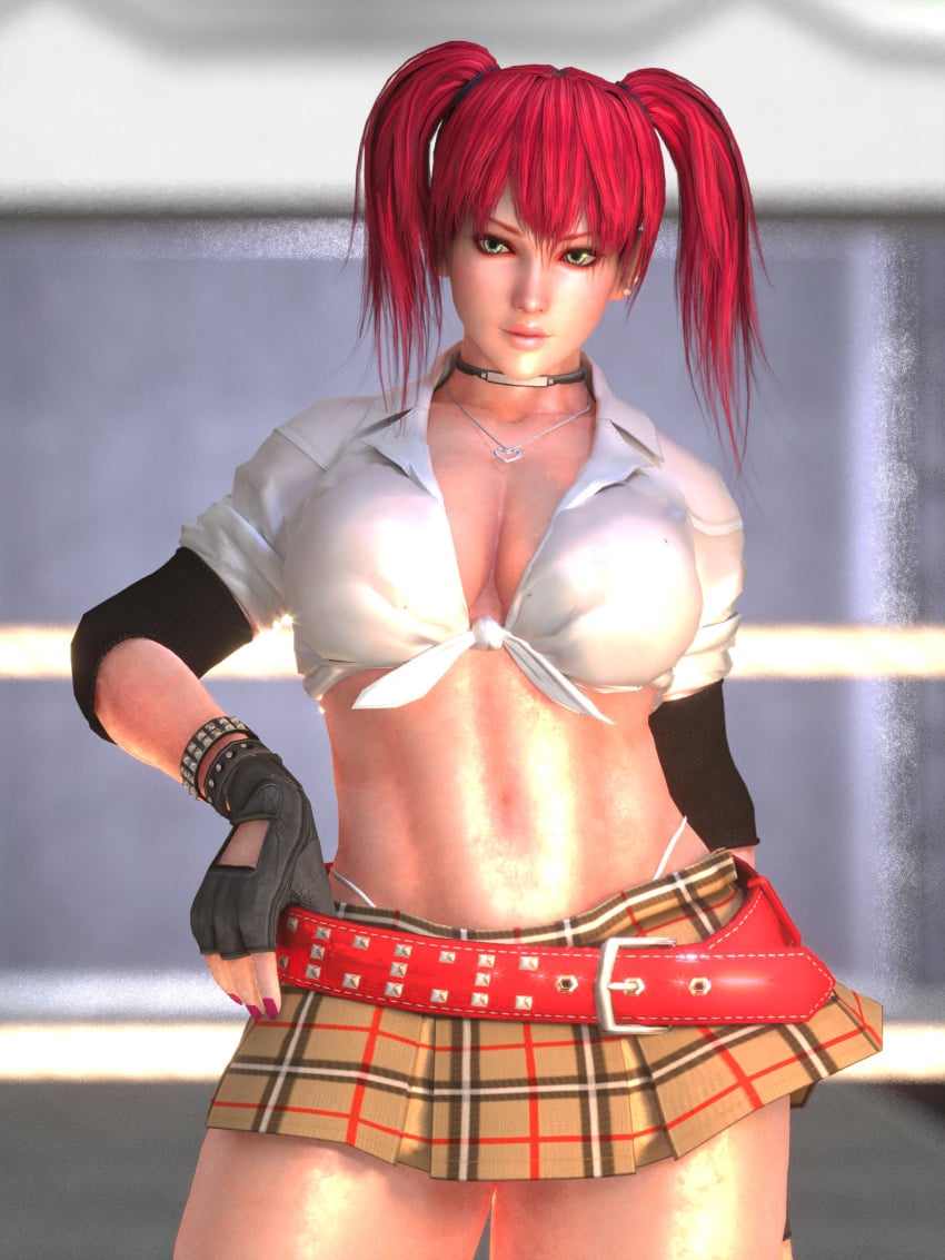 3d 3d_render belt big_breasts breasts candy_cane_(rumble_roses) choker cleavage clothing earrings female fingerless_gloves g-string gloves green_eyes high_resolution jewelry konami large_breasts midriff nail_polish navel necklace plaid plaid_skirt rebecca_welsh red_hair rumble_roses shirt skirt sleeves_rolled_up solo studded_belt thong tied_hair tied_shirt twintails underwear very_high_resolution zeroreyko