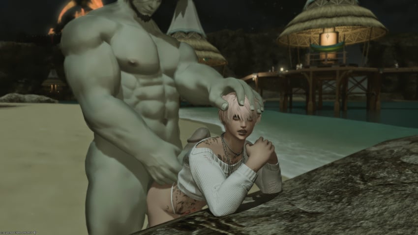 beach cat_ears catboy femboy ffxiv final_fantasy_xiv gay gpose(ffxiv) male_on_femboy male_only miqo'te miqote roegadyn twink twink_and_daddy yaoi