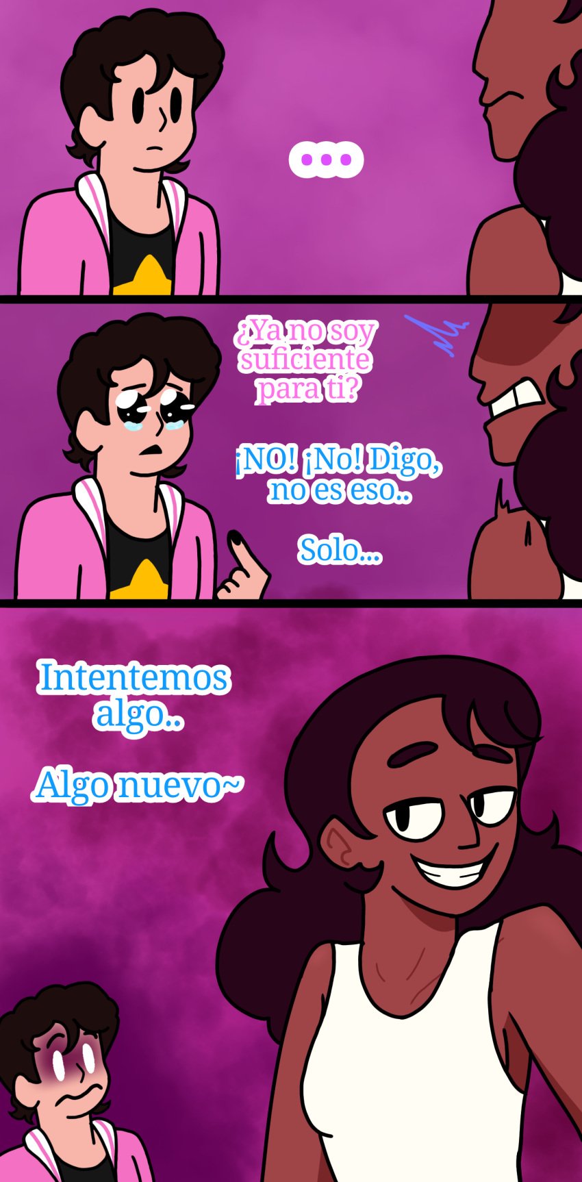 before_sex black_nail_polish black_nails c&oacute;mic clothed comic_page comics connie_maheswaran cry crying cute cute_face cute_male dialog dialogue dialogues dominant_female fear freak horny_female iwbaal no_sex ridiculous self_upload spanish spanish_dialogue spanish_text steven_quartz_universe steven_universe steven_universe_future straight straight_couple