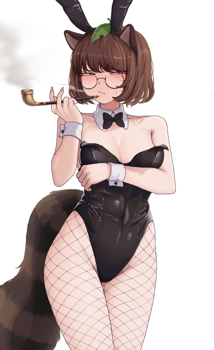 1girls 2d animal_ears blush bowtie bowtie_collar brown_eyes brown_hair bunny_ears bunnysuit detached_collar detached_cuffs female female_only fishnet_pantyhose fishnet_stockings fishnets fully_clothed glasses humanoid leaf leaf_on_head leotard looking_at_viewer mamizou_futatsuiwa nervous revealing_clothes short_hair shy smoke smoking smoking_pipe solo son_(artist) source standing sweatdrop tail tanuki tanuki_ears tanuki_girl tanuki_humanoid tanuki_tail touhou wrist_cuffs
