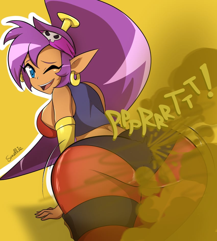 1girls big_ass big_butt fart fart_cloud fart_fetish farting female female_only gas gassy gassy_female one_eye_closed purple_hair shantae shantae_(character) shantae_and_the_pirate&#039;s_curse smellie smelliegas smelly solo solo_female stinky thick_thighs yellow_background