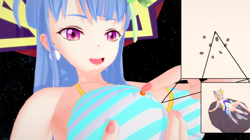 anonymous_artist bernoulli big_breasts bigger_than_earth bikini blue_hair commissioner_upload crash_fever destruction giantess giga_giantess in_space koikatsu light-skinned_female light_skin mobius_(crash_fever) pink_eyes request sun tagme