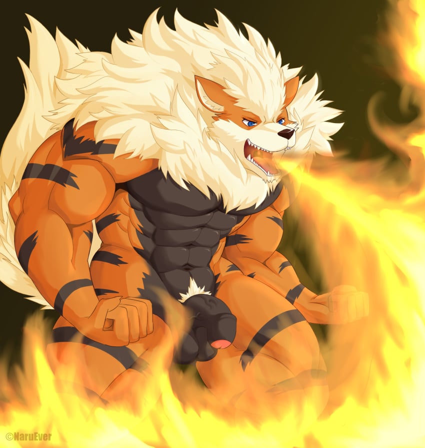 abs arcanine blue_eyes canine fire fur male male_only mammal muscles nintendo penis pokemon pokemon_(species) solo strips teeth uncut video_games