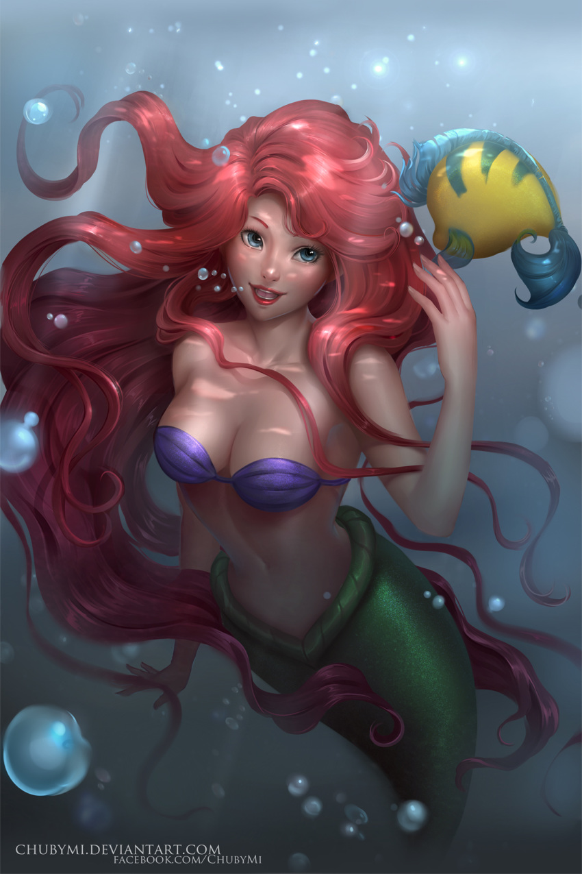 1girls ariel blue_eyes bra breasts busty chubymi cleavage disney duo female fish flounder long_hair mermaid mermaid_tail red_hair seashell_bra the_little_mermaid underwater voluptuous