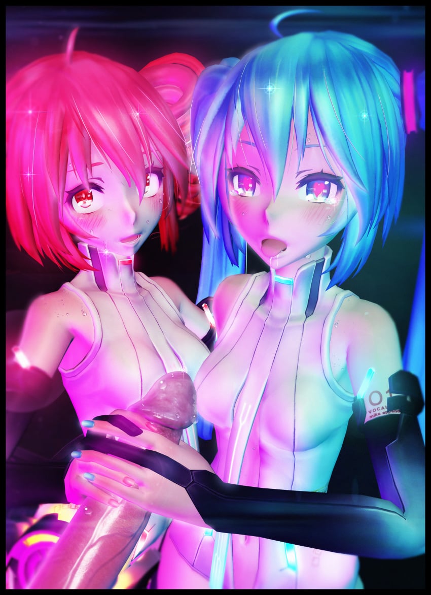 1boy 2girls 3d absurdres aqua_eyes aqua_hair aqua_nails bare_shoulders black_border blush border bridal_gauntlets detached_sleeves drill_hair elbow_gloves female gloves green_eyes handjob hatsune_miku hatsune_miku_(append) heart heart-shaped_pupils highres kasane_teto long_hair looking_at_viewer male multiple_girls multiple_handjob navel necktie open_mouth penis pink_nails pov precum red_eyes red_hair saliva smile source_filmmaker sparkle straight symbol-shaped_pupils tears text threesome tied_hair tongue tongue_out twin_drills twin_handjob twintails uncensored utau very_long_hair vocaloid welectric