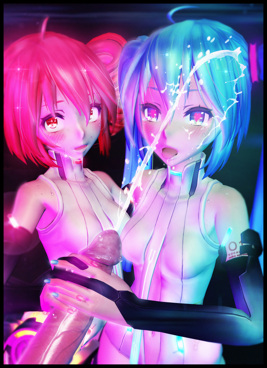 1boy 2girls 3d absurdres aqua_eyes aqua_hair aqua_nails bare_shoulders black_border blush border bridal_gauntlets cum detached_sleeves drill_hair ejaculation elbow_gloves female gloves green_eyes handjob hatsune_miku hatsune_miku_(append) heart heart-shaped_pupils highres kasane_teto light-skinned_female light_skin long_hair looking_at_viewer male multiple_girls multiple_handjob navel necktie open_mouth penis pink_nails pov precum red_eyes red_hair saliva smile source_filmmaker sparkle straight symbol-shaped_pupils tda_(3d_model_style) tears text threesome tied_hair tongue tongue_out twin_drills twin_handjob twintails uncensored utau very_long_hair vocaloid welectric