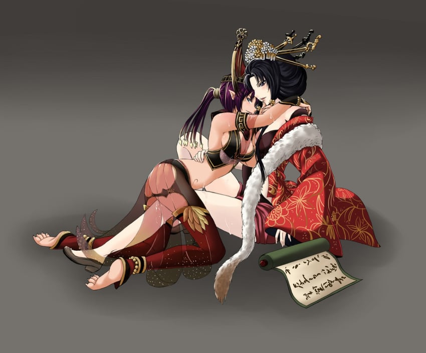 2girls cum cum_on_arm cum_on_legs da_ji female multiple_girls pussy_juices tamamo_no_mae_(warriors_orochi) undressing warriors_orochi yuri