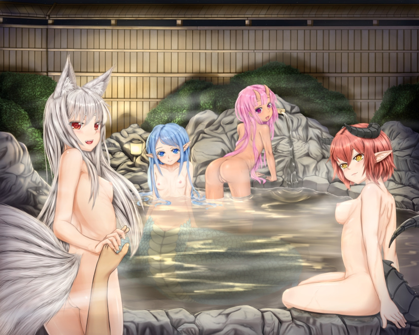 animal_ears ass blue_eyes blue_hair breasts dark_skin demon female fox_ears fox_tail grey_hair hair horn hot_spring humanoid lamia long_hair looking_at_viewer mammal monster monster_girl multiple_tails nude onsen partially_submerged pink_hair pointy_ears purple_hair pussy red_eyes red_hair short_hair sideboob silver_hair small_breasts tenyoshi_(briansept) water yellow_eyes