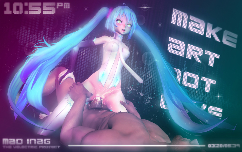 1boy 1girls 3d absurdres ahe_gao aqua_hair artist_name bare_shoulders barefoot bridal_gauntlets cum detached_sleeves digital_clock elbow_gloves erection facial_hair fake_screenshot female female_ejaculation fingerless_gloves gloves glowing glowing_eyes gradient gradient_background green_eyes hands_on_another's_hips hatsune_miku hatsune_miku_(append) highres leaning_back long_hair male navel necktie no_panties nude orgasm penis sex source_filmmaker sparkle stomach straddling straight text thighhighs tied_hair twintails vocaloid welectric wet