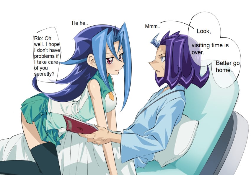 angry bed blue_hair blush brother_and_sister clothing dntks edit female hi_res hospital hospital_bed kamishiro_rio legwear mischievous_smile red_eyes reginald_kastle rio_kamishiro short_skirt smile translated white_background younger_female yu-gi-oh! yu-gi-oh!_zexal