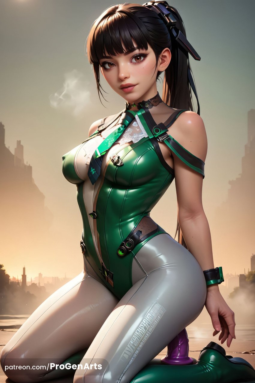 1girls ai_generated artist_name bare_shoulders black_hair bodysuit boots breasts brown_eyes covered_nipples dildo dildo_riding eve_(stellar_blade) full_body green_footwear green_necktie gumroad_username hi_res kneeling leotard lips long_hair looking_at_viewer masturbation medium_breasts mole mole_under_eye necktie outdoors patreon_username ponytail progenarts sex_toy skin_tight solo stellar_blade web_address white_pantyhose