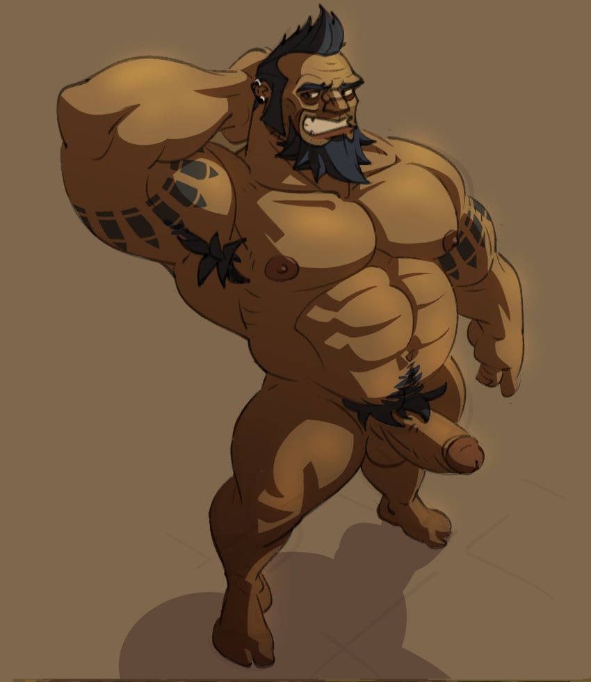 balls bara beard boner borderlands borderlands_2 erection facial_hair male male_only muscles muscular nude penis posduroo salvador_(borderlands) solo solo_male