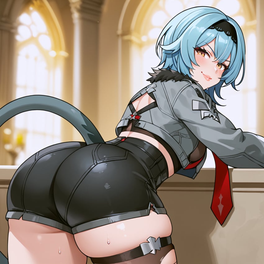 ai_generated ass ass_focus bent_over blush clothing cosplay eula_(genshin_impact) fat_ass genshin_impact huge_ass indoors jane_doe_(zenless_zone_zero) looking_at_viewer mouth_closed puffy_lips shiny_skin smirk tail tight_clothing zenless_zone_zero