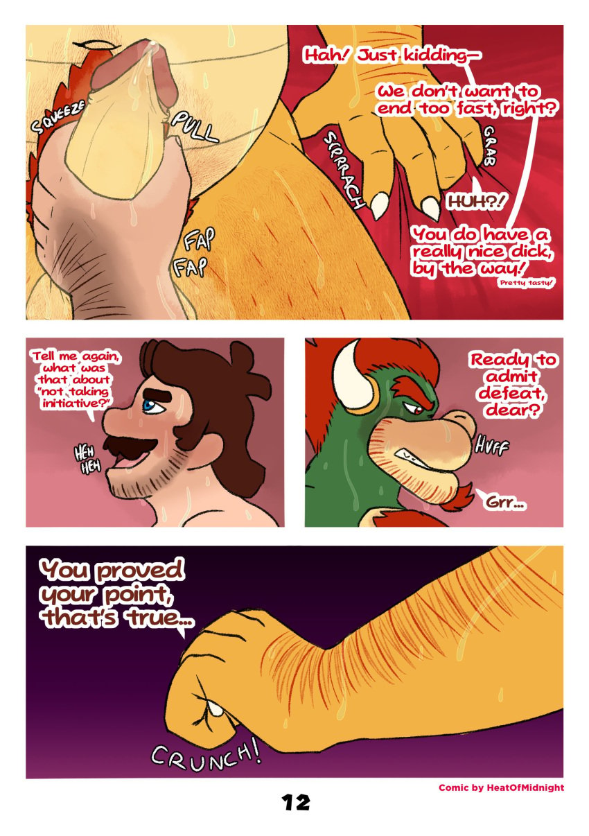 2024 2boys absurd_res anthro arm_hair artist_name balls blush bodily_fluids body_hair bowser brown_hair chest_hair clenched_teeth comic dialogue dripping dropsofmoonlight duo english_text facial_hair fist gay genital_fluids genitals goatee hair handjob happy_trail hi_res horn human human_on_anthro humanoid_genitalia humanoid_penis interspecies koopa leg_hair male male/male mammal mario mario_(series) moustache multicolored_body nintendo open_mouth page_12 page_number penile penis precum precum_drip pubes red_hair scalie sex sweat teeth text two_tone_body