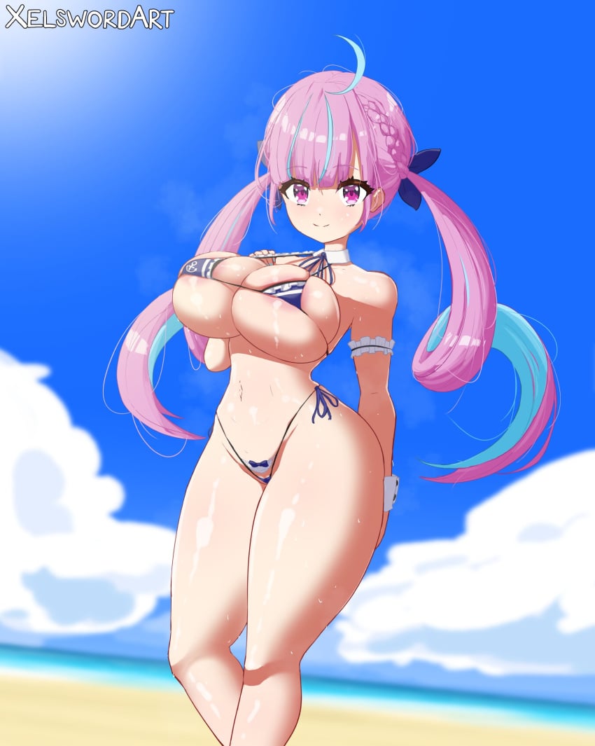 1girls beach big_breasts bikini blue_ blue_hair cleavage commentary_request curvaceous curvy curvy_ass curvy_body curvy_female curvy_figure curvy_hips curvy_thighs female female_only hand_on_breast hololive hololive_gen_2 hololive_japan large_breasts light-skinned_female light_skin long_hair looking_at_viewer maid micro_bikini minato_aqua multicolored_hair ocean outdoors outside pink_hair purple_eyes sand smile smiling smiling_at_viewer sweat sweatdrop swimsuit swimwear thick_hips thick_thighs thong thong_bikini twintails virtual_youtuber wide_hips xelsword