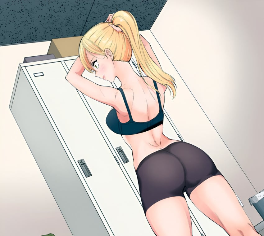 2.5_jigen_no_ririsa adjusting_hair ass back_view bare_arms bare_legs bare_shoulders bare_thighs big_breasts black_bra blonde_hair blush bra breasts butt_crack changing_room closed_mouth green_eyes gyaru hashimoto_yuu indoors kisaki_aria lipstick long_hair manga official_art ponytail shorts smile thighs underwear undressing