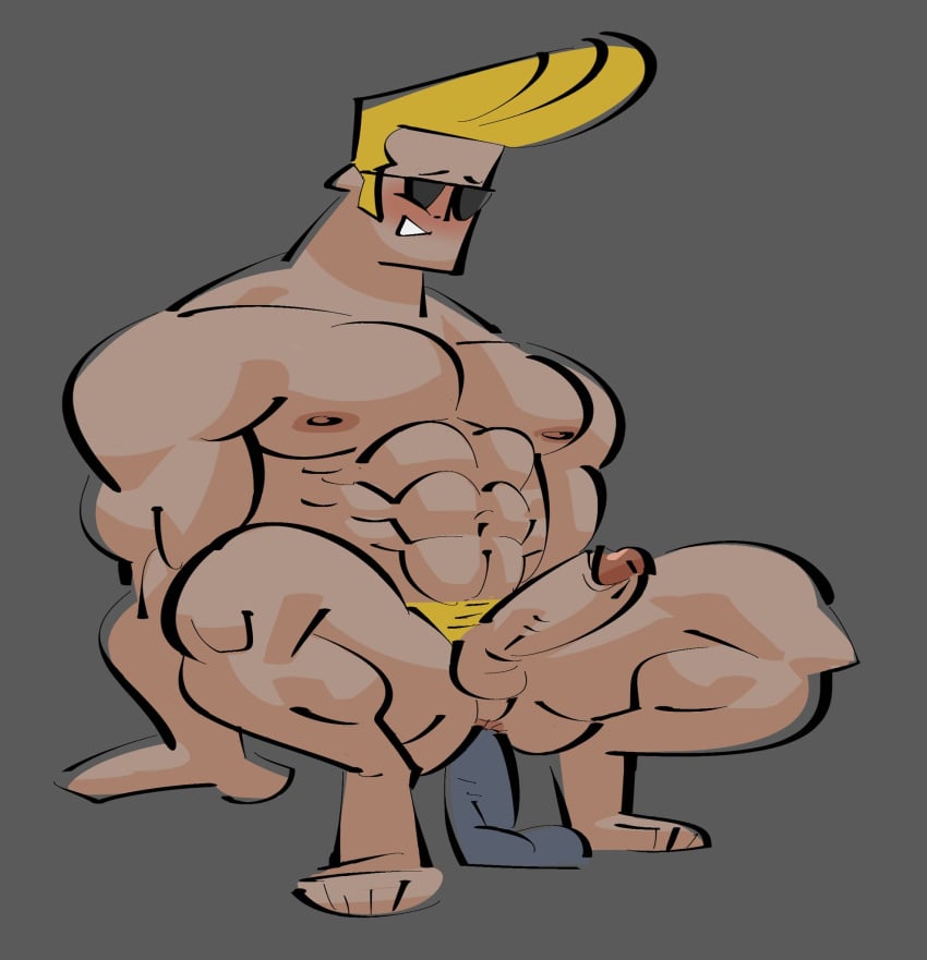 balls bara blush boner dildo dildo_in_ass dildo_sitting erection johnny_bravo johnny_bravo_(series) male male_only muscles muscular nude penis posduroo solo solo_male sunglasses