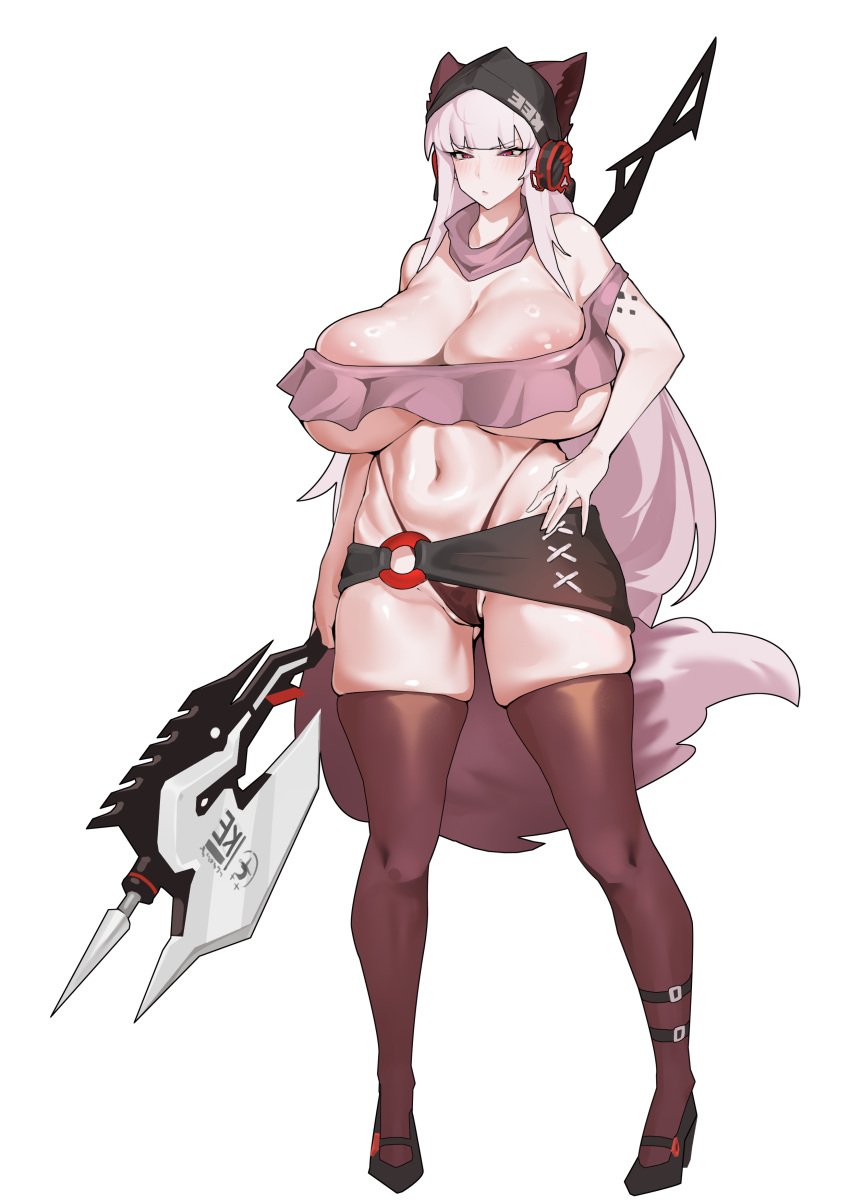 animal_ears areola arknights artist_request belly big_breasts breasts_bigger_than_head busty curvaceous female female_only fox_ears fox_girl fox_tail frostleaf_(arknights) headgear headphones high_heels kemonomimi knee legs light-skinned_female long_hair red_eyes skimpy skimpy_clothes socks standing tail thick thick_thighs undersized_clothes voluptuous voluptuous_female