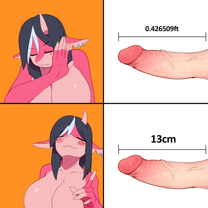 1girls absurd_res anthro big_breasts black_hair blush breasts buta99 closed_eyes countershading dragon female female_only horn lady_deg_(buta99) meme metric_units penis penis_measurement pink_body smile white_highlights