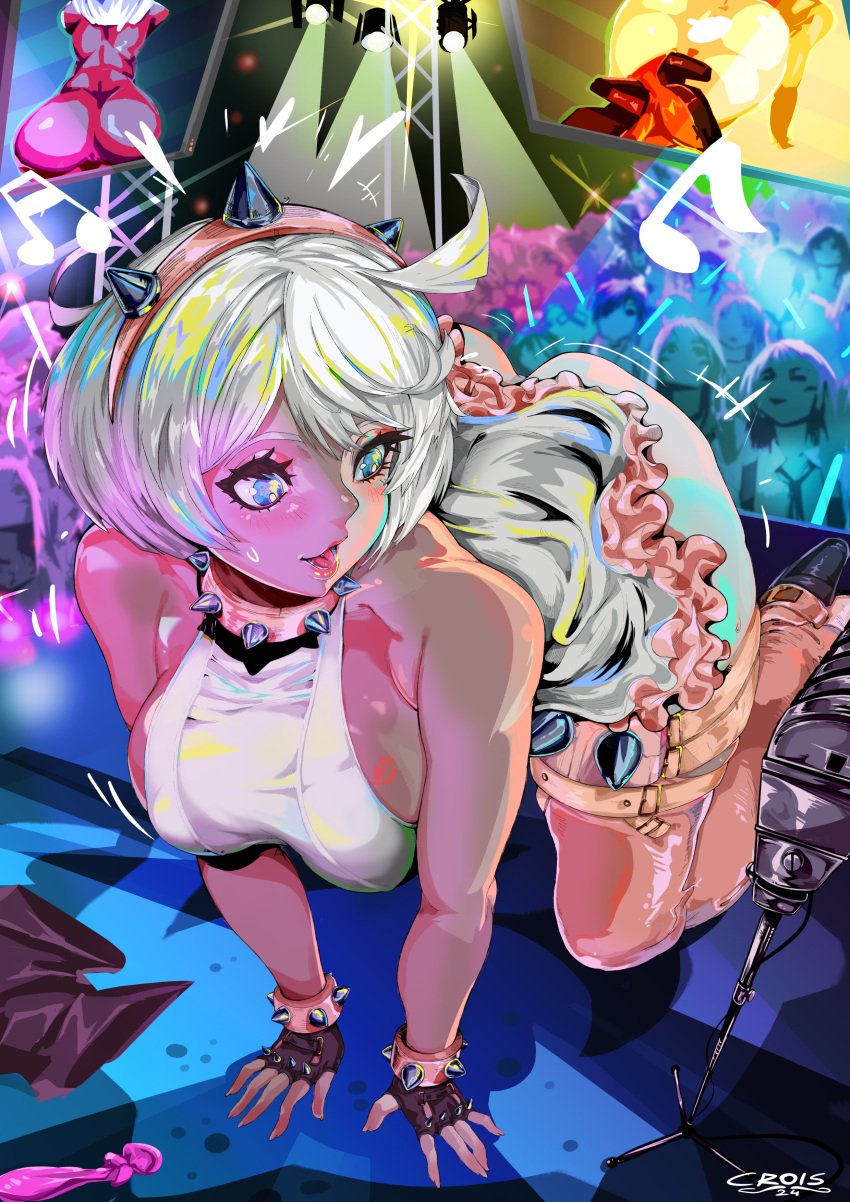 1girls absurdres all_fours ass blue_eyes bracelet breasts collar concert crois crowd dress elphelt_valentine exhibitionism fingerless_gloves gloves guilty_gear guilty_gear_strive highres jewelry large_breasts microphone musical_note public_indecency spiked_bracelet spiked_collar spikes white_dress white_hair