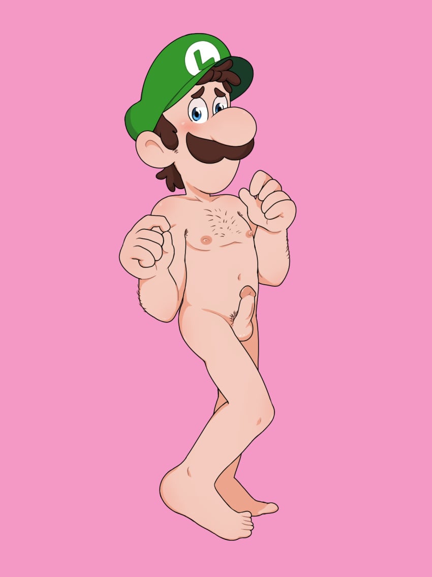 1boy 1male balls barefoot big_nose blue_eyes blush brown_hair cartoony color colored completely_naked completely_nude completely_nude_male curly_hair digital_drawing_(artwork) digital_media_(artwork) embarrassed erect_penis erection green_hat hairy hairy_chest hat_only hotfiresu human luigi male male_nipples male_only mario_(series) moustache naked naked_male nipples nude nude_male penis pink_background pubic_hair short_hair shy simple_shading super_mario_bros. uncensored