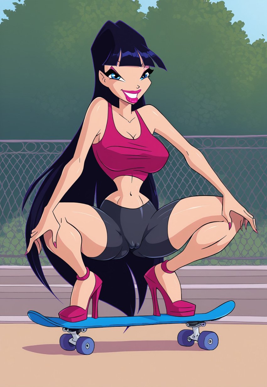 4kids_entertainment ai_generated bike_shorts cameltoe groin high_heels musa musa_(winx_club) nickelodeon park rainbow_(animation_studio) skateboard sports_bra squatting winx_club zfivefan