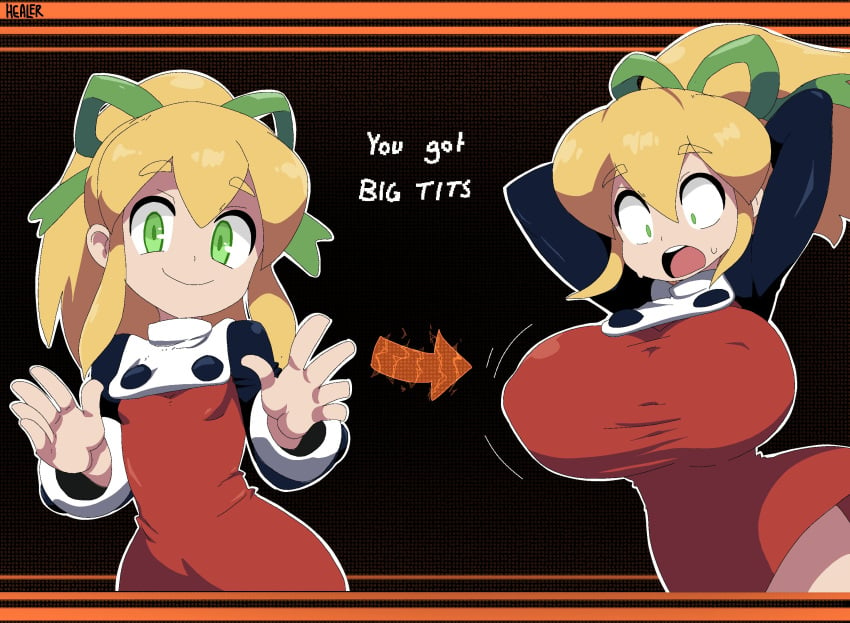 arms_up blonde_hair bouncing_breasts breast_expansion capcom female flat_chest green_eyes healerart hi_res hips looking_at_viewer mega_man mega_man(classic) open_mouth ponytail robot robot_girl roll smile surprised sweatdrop text