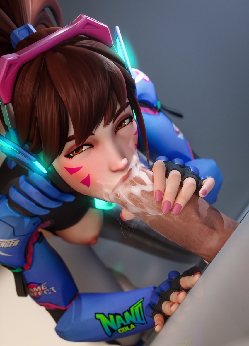 3d asian blizzard_entertainment brown_eyes brown_hair burgundy_hair canine_penis cum cum_in_mouth cum_inside d.va dark_nipples eclair_stones eclairstones exposed_breasts glory_hole highres imminent_anal imminent_deepthroat kneeling looking_at_viewer naked nipples oral overwatch overwatch_2